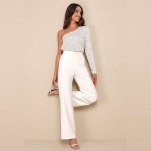 Lulus cream and silver one shoulder bodysuit -XS